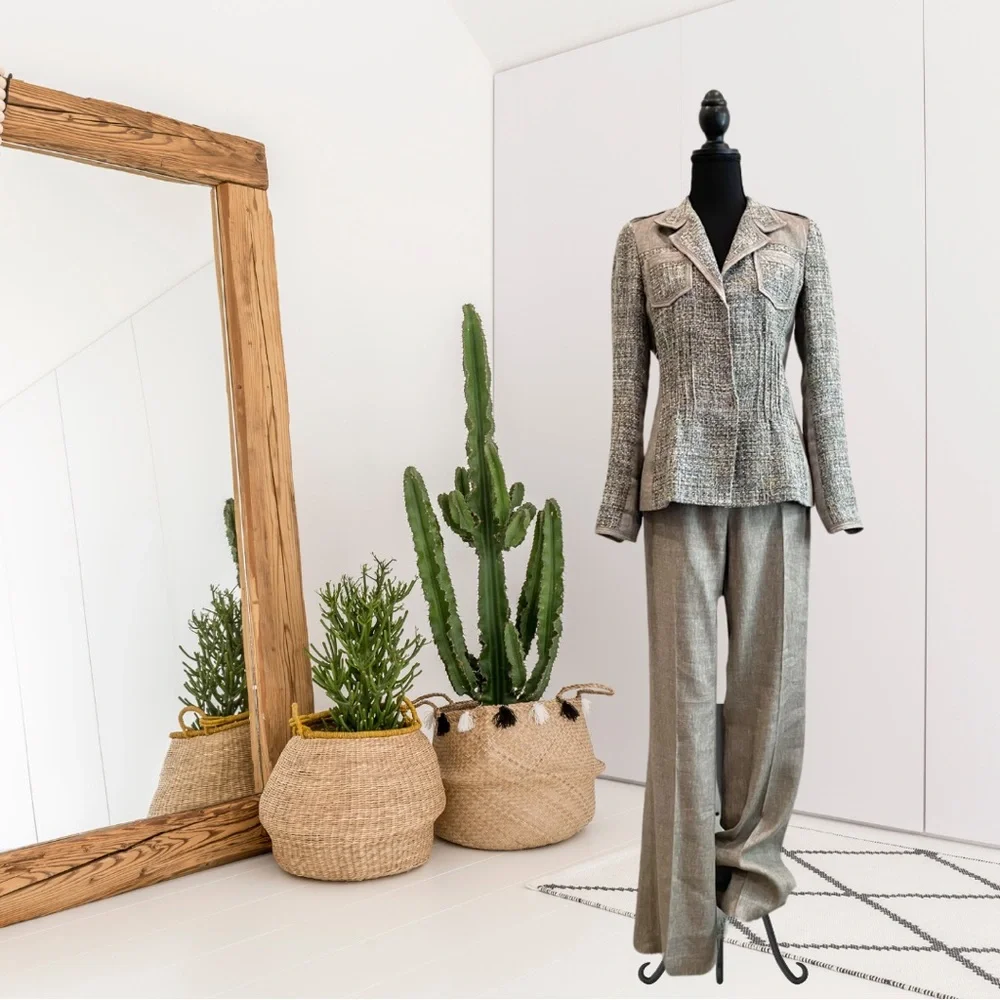 Elie Tahari 2 PC Linen Blend Tweed Blazer Pants Suit Set - Picture 1 of 16